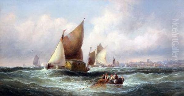 Shipping Off A Coast Oil Painting by William A. Thornley Or Thornber