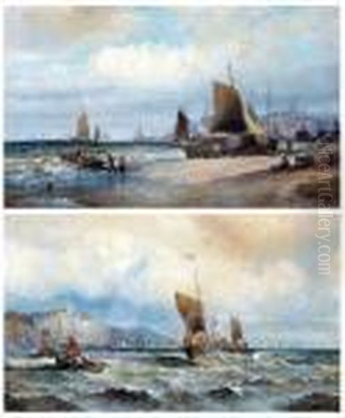 Fishing Luggers Ashore Oil Painting by William A. Thornley Or Thornber