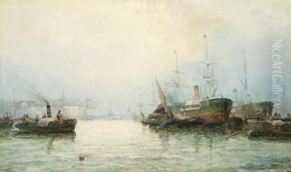 A Misty Morning On The Thames Oil Painting by William A. Thornley Or Thornber