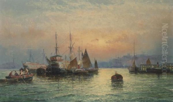 Shipping Off Scarborough At Dusk by William A. Thornley Or Thornber