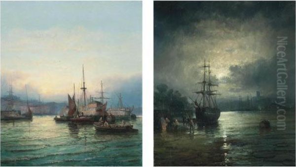 Prison Hulks Lying On The Medway At Dusk Oil Painting by William A. Thornley Or Thornber