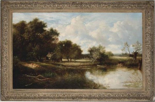 An Angler In An Extensive River Landscape With Cottages And Cattle Oil Painting by Joseph Thors