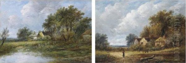 Figures Before Ducks On A Pond; 
And A Figure On A Country Path With Chickens Outside A Cottage Oil Painting by Joseph Thors