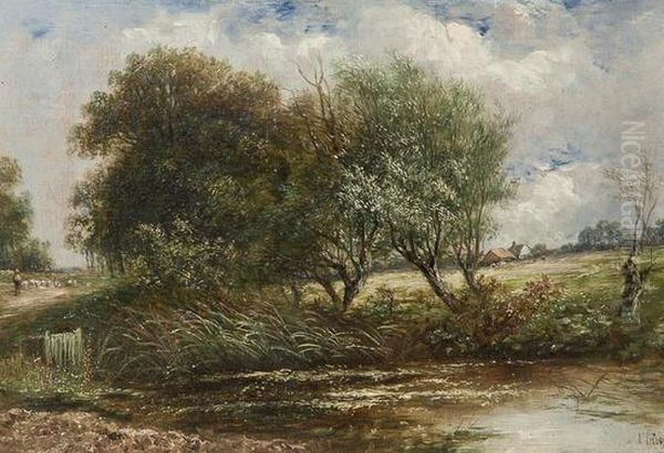 A Shepherd And His Flock Passing A Stream Oil Painting by Joseph Thors