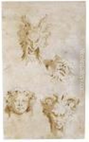 A Sheet Of Four Head Studies: Three Satyrs And Bacchus Oil Painting by Giovanni Battista Tiepolo