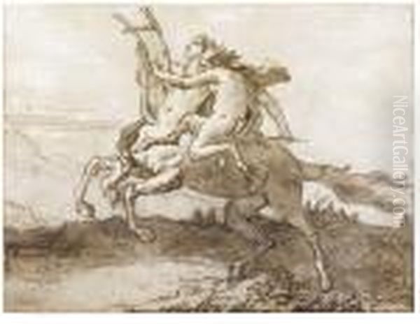 A Centaur Holding A Lyre, Galloping With A Female Faun Oil Painting by Giovanni Domenico Tiepolo