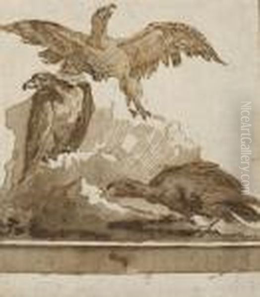 Three Eagles On A Rock Oil Painting by Giovanni Domenico Tiepolo