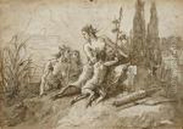 A Satyr Family In A Landscape Oil Painting by Giovanni Domenico Tiepolo