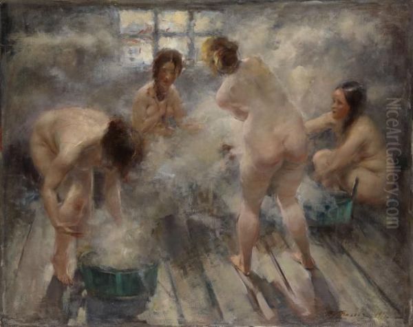 In A Russian Banya Oil Painting by Vitali Gavrilovitch Tikhov