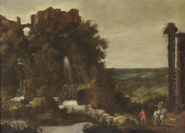 A Landscape With A Waterfall And Elegantly Dressed Travellers On A Path Oil Painting by Johannes Tilens