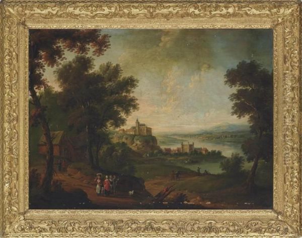 An Extensive River Landscape With Peasants On A Track, Houses Beyond Oil Painting by Peter Tillemans