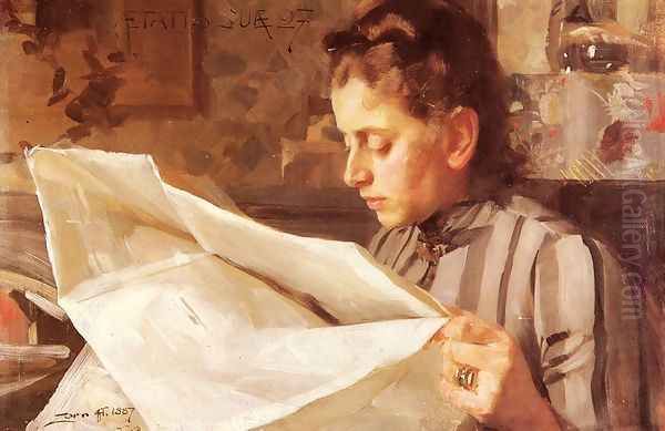 Emma Zorn Lasande Oil Painting by Anders Zorn