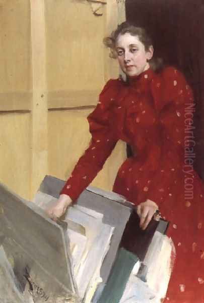 Porträtt av Emma Zorn i Parisateljén (Portrait of Emma Zorn in the Paris studio) Oil Painting by Anders Zorn