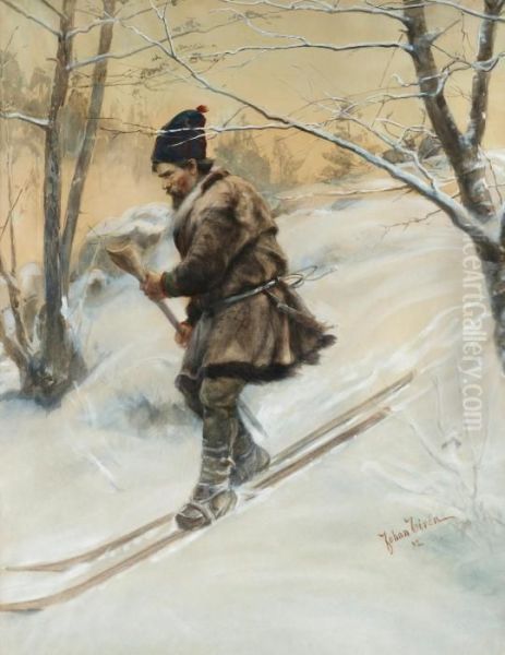 Skiing Laplander Oil Painting by Johan Tiren