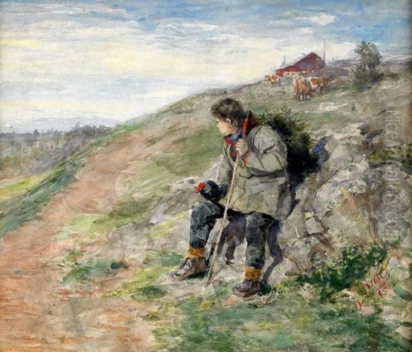 Vilande Samepojke I Landskap - Motiv Fran Hobergs Fabodar Oil Painting by Johan Tiren