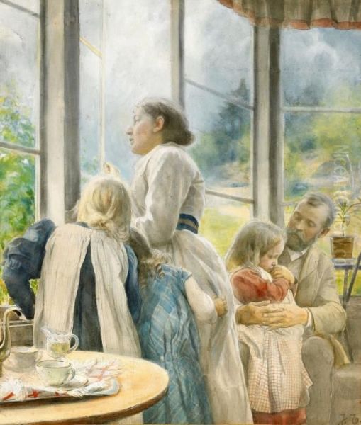 Familjeidyll Pa Punschverandan Oil Painting by Johan Tiren