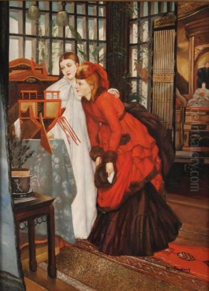 Two Girls In An Interior Oil Painting by James Jacques Joseph Tissot