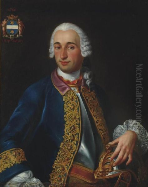 Portrait Of A Gentleman, 
Possibly Denis Robert Bruneau De Vitry, Baron De Vitry, Half-length, In A
 Breastplate And Blue Coat With Gold Embroidery, His Left Hand Resting 
On His Helmet Oil Painting by Louis Tocque