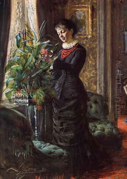 Portrait of Fru Lisen Samson, nee Hirsch, Arranging Flowers at a Window Oil Painting by Anders Zorn