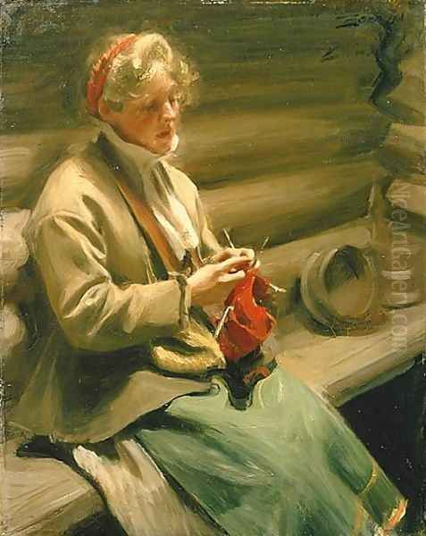 Girl from Dalecarlia knitting Oil Painting by Anders Zorn