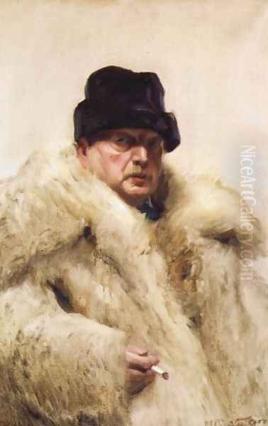 Självporträtt i vargskinnspäls (Self-portrait in a wolfskin) Oil Painting by Anders Zorn