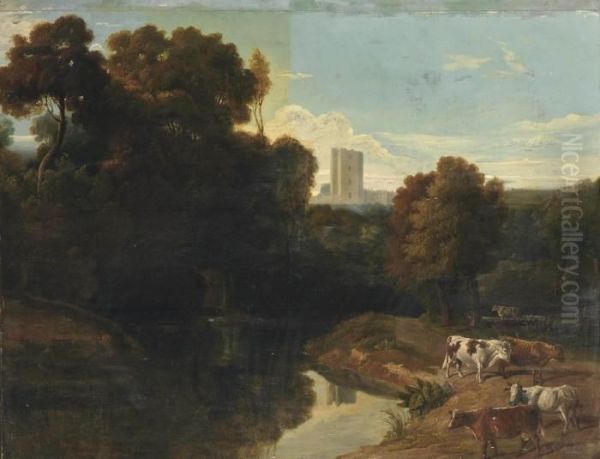 Cattle By A River In A Wooded Landscape, A Castle Beyond Oil Painting by William Tomkins