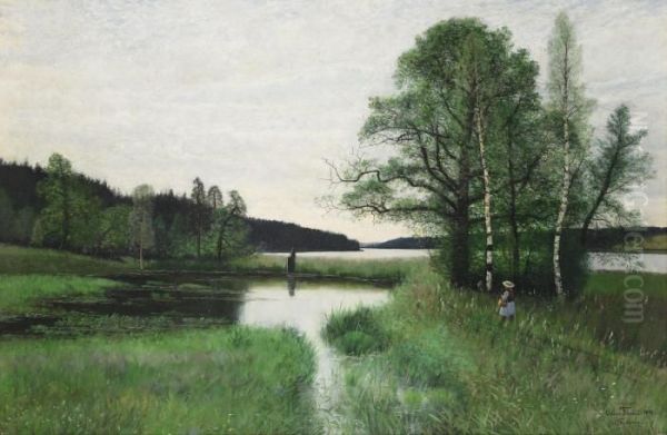 Sommarlandskap Med Promenerande Flicka Oil Painting by Oscar Emil Torna