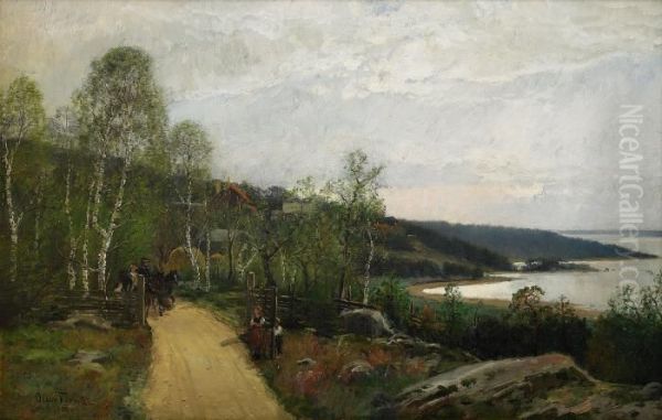 Kustlandskap Med Hastskjuts - Sannolikt Motiv Fran Ljustero Medsaxarfjarden I Fonden Oil Painting by Oscar Emil Torna