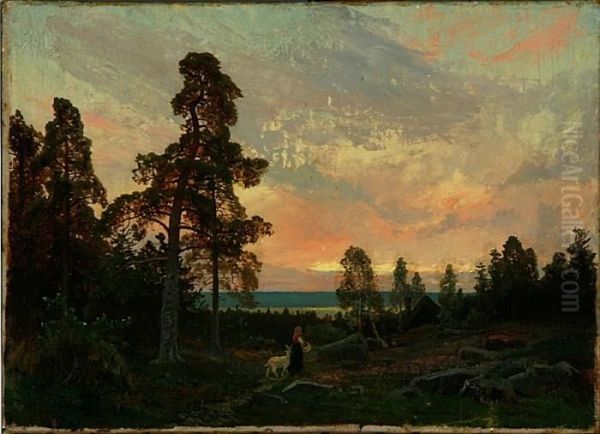 Il Torna, Attributed: Evening 
Atmosphere With A Shepherd Girl Walking On A Mounting Road. Inscribed 
And Dated Monogram 91. 25 X 35 Cm Oil Painting by Oscar Emil Torna