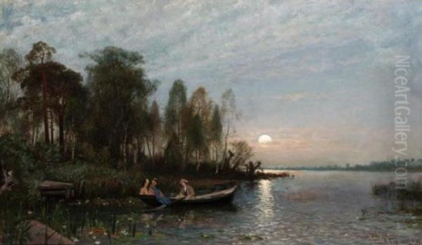 Boating At Dusk Oil Painting by Oscar Emil Torna