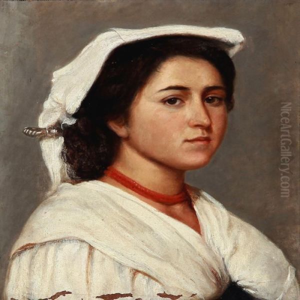 An Italian Girl With A Red Scarf Oil Painting by Wenzel Ulrik Tornoe