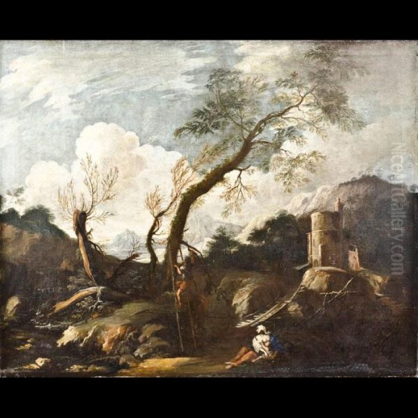 Paesaggio Con Figure E Torrione Sullo Sfondo Oil Painting by Bartolomeo Torreggiani