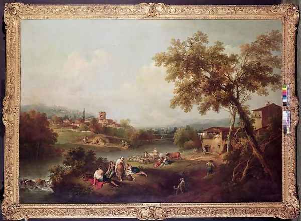 An Extensive River Landscape with a Village by Francesco Zuccarelli