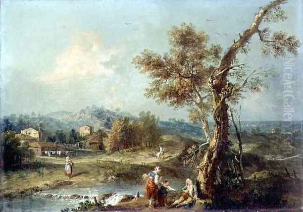 An Italianate River Landscape Oil Painting by Francesco Zuccarelli