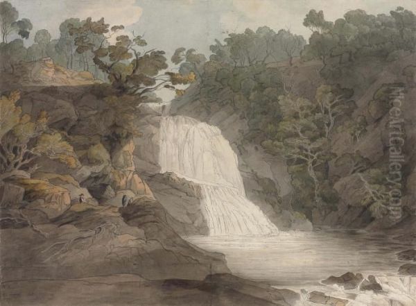 View Of The Cataract Of The Mothvaye, Merionethshire, North Wales Oil Painting by Francis Towne