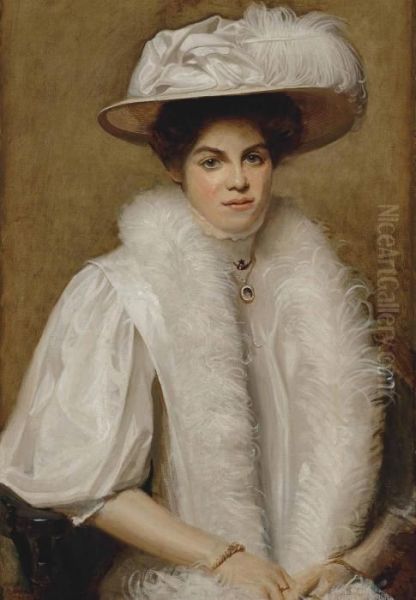 Portrait Of Doris Campbell, Half-length, In A White Dress And Hat With Feathers Oil Painting by Ernest Townsend