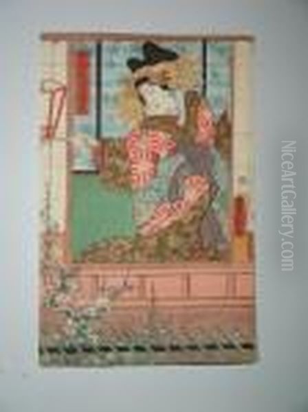 Une Jeune Femme Admire La Floraison Du Prunier Oil Painting by Utagawa Toyokuni Iii