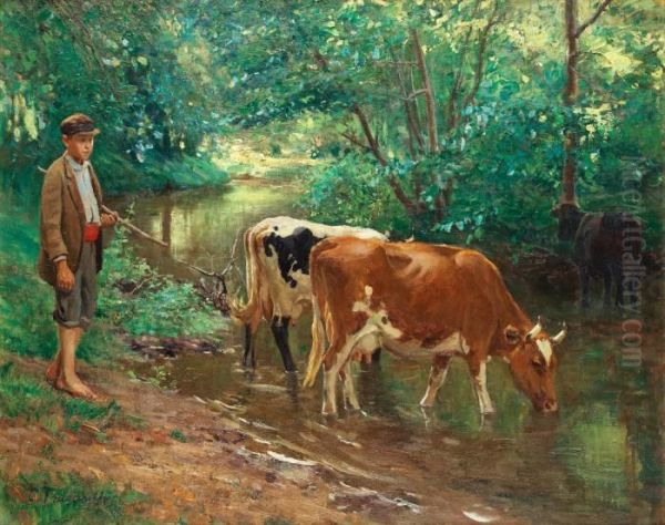 Young Herdsman With Cattle Oil Painting by Carl Tragardh