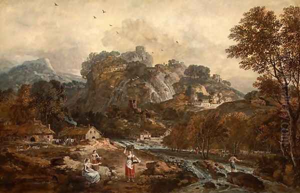 Mountain Landscape with Washerwomen and Fisherman Oil Painting by Francesco Zuccarelli