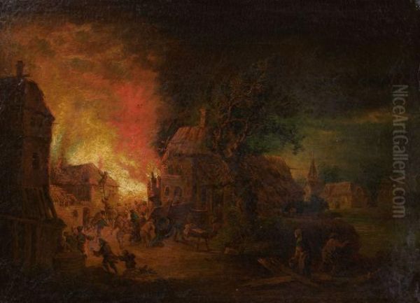 Deux Incendies Nocturnes Oil Painting by Johann Georg Trautmann