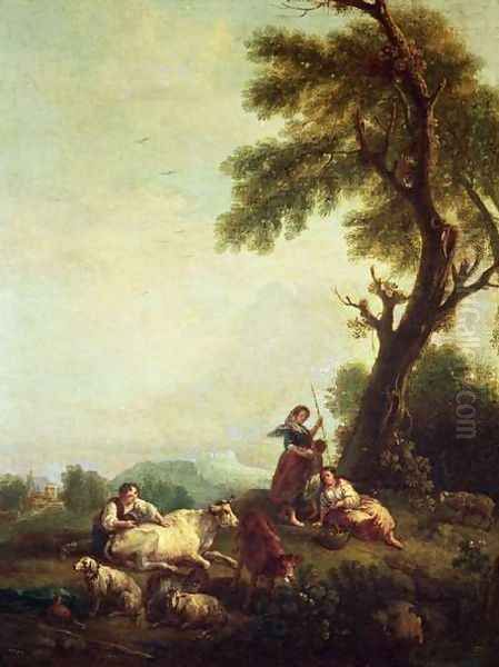 Landscape with Peasants Watching a Herd of Cattle Oil Painting by Francesco Zuccarelli