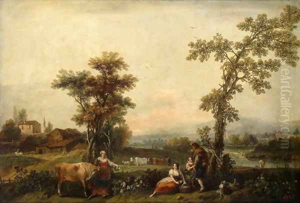 Landscape with a Woman Leading a Cow Oil Painting by Francesco Zuccarelli