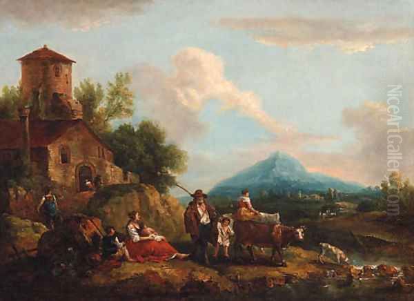 A landscape with a drover and peasants on a river bank near a farmhouse Oil Painting by Francesco Zuccarelli