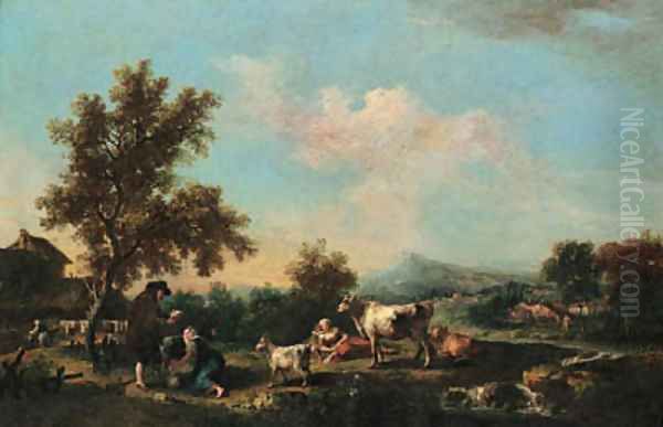 A river landscape with peasants, cattle and goats near farm buildings Oil Painting by Francesco Zuccarelli