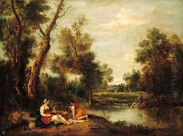 A wooded river landscape with figures resting on a bank Oil Painting by Francesco Zuccarelli