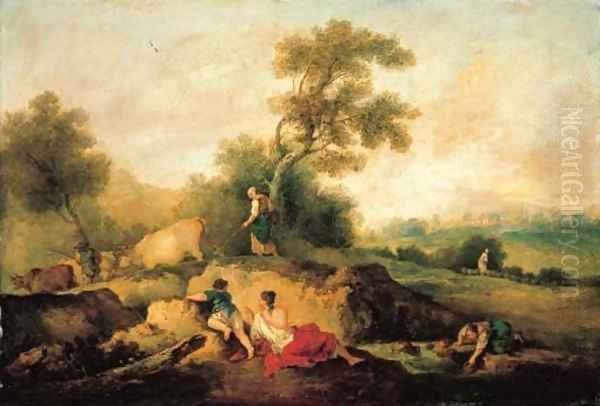 A landscape with figures by a stream, herdsmen and cattle beyond Oil Painting by Francesco Zuccarelli