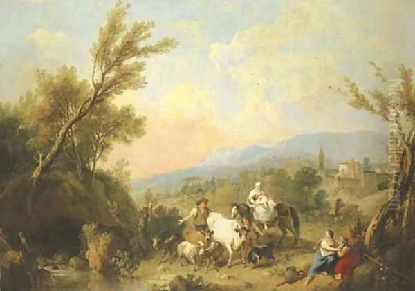 A landscape with peasants and animals by a river with a fortified town on a ridge beyond Oil Painting by Francesco Zuccarelli