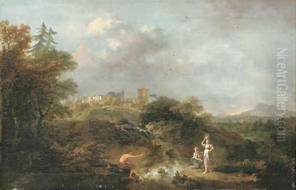 An Italianate river landscape with a herdsman and women fetching water Oil Painting by Francesco Zuccarelli