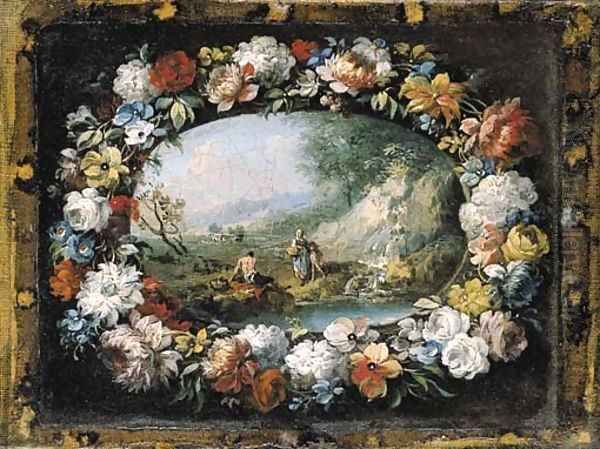 A wooded river landscape with figures by a waterfall, within a feigned cartouche decorated with a garland of flowers Oil Painting by Francesco Zuccarelli