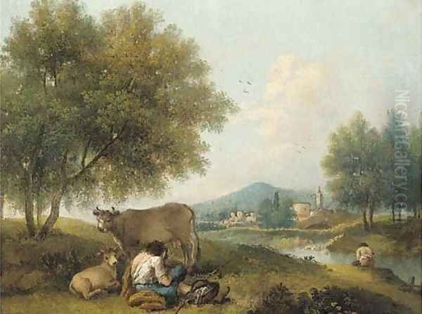 A wooded river landscape with herdsmen and cattle, a town beyond Oil Painting by Francesco Zuccarelli